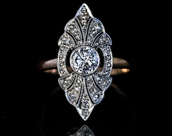 1930s Antique Art Deco Women's Ring, Bezel Set Round Cut Moissanite Diamond Ring, Milgrain Ring, Vintage Two tone Ring, Navette Shape Ring
