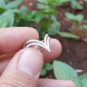 Deep V Shape Double Layer Band Ring, Curved Chevron Band Ring, Round Cut Moissanite Diamond Engagement Ring, 14K Gold Wedding Band Ring