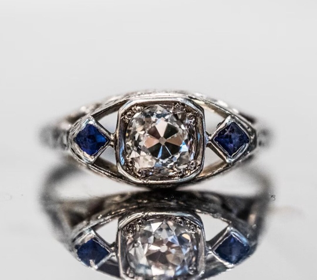 Sapphire Princess and Old European Cut Diamond Ring, Three Stone