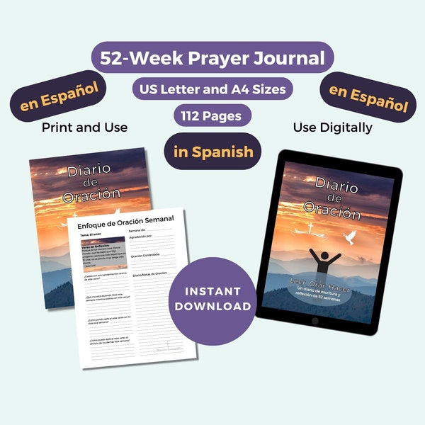 52-Week Spanish Prayer Journal, Faith Journal, Digital, Printable, US Letter, A4, Portrait Style, iPad, GoodNotes, Notability, Tablet