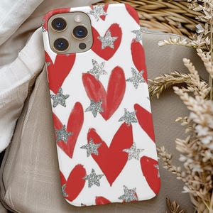 White Red Heart Silver Star Phone Case, Girl Phone Case Design, Gift for Her, IPhone 13 14 15 16, IPhone Pro Max, Samsung Galaxy Phone Case