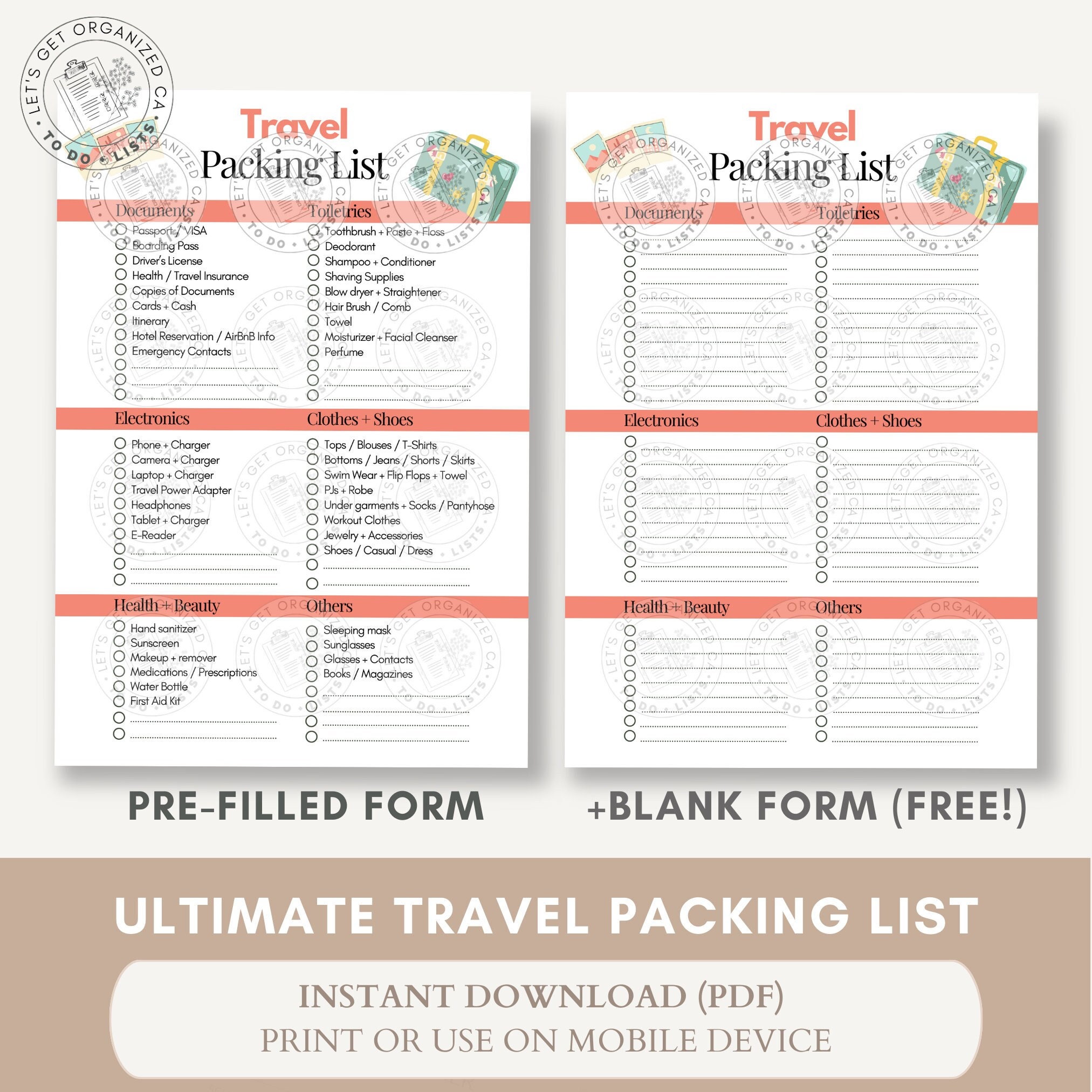 Travel Packing Checklist // Packing List, Printable Checklist, Vacation
