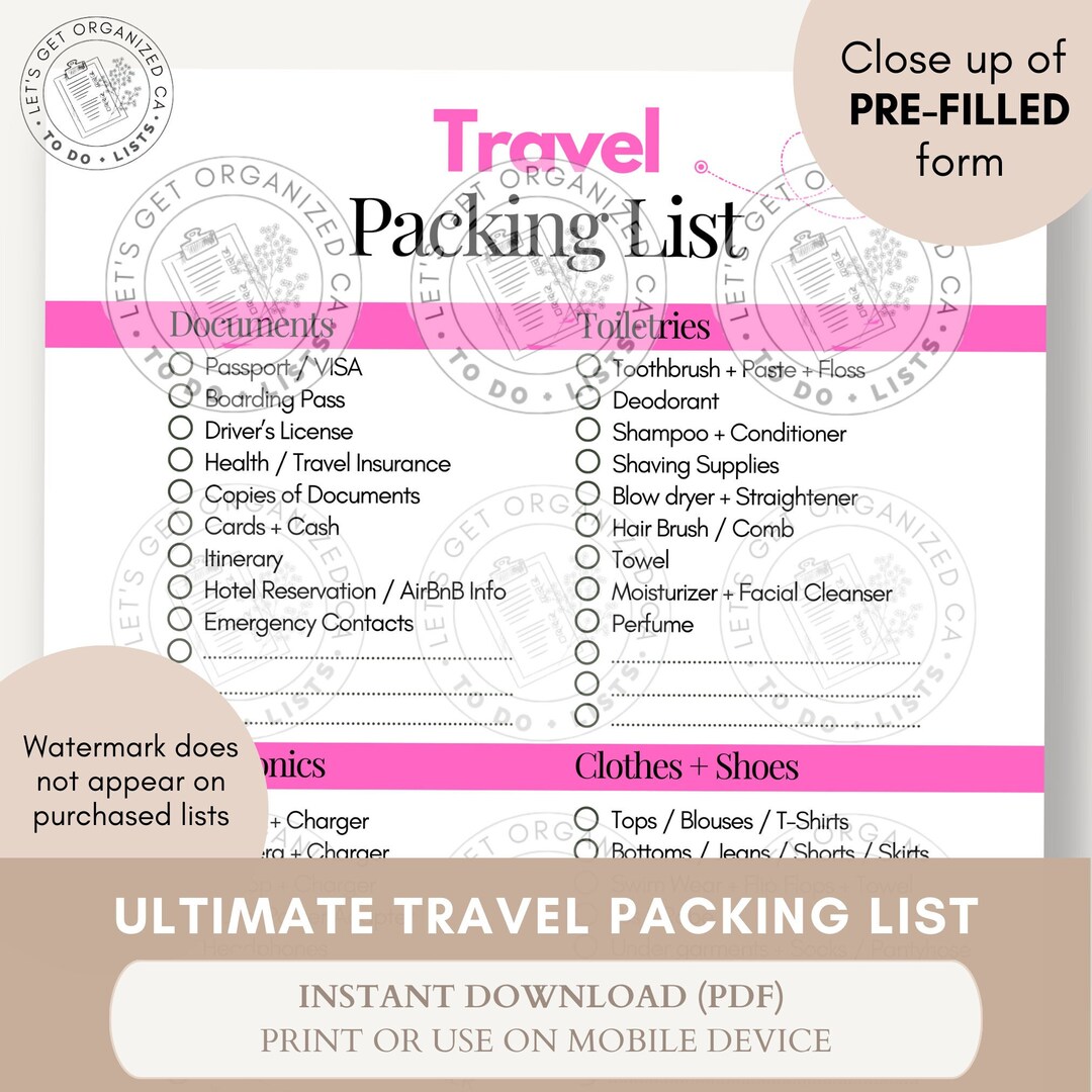 Best Travel Packing List // Travel List Printable Checklist Etsy