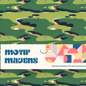 May include: A seamless pattern featuring a golf course with green grass, sand traps, and flags. The pattern is repeated throughout the image. The text "motif mavens" is displayed in a blue font on a white background. The text "Seamless patterns for personal and commercial use." is displayed in a smaller font below the text "motif mavens".