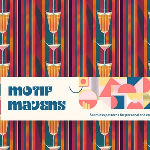 Art Deco bunte Streifen und Cocktails nahtlose sich wiederholendes Muster - kommerzieller und persönlicher Gebrauch - Sofortiger Download - Digitales Papier
