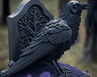 Puede incluir: Una estatua de cuervo gris oscuro posada sobre una base de piedra con una lápida a juego en el fondo. El cuervo tiene plumas detalladas y se encuentra sobre un lecho de musgo púrpura. La lápida presenta un diseño de árbol tallado.