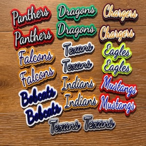 May include: A collection of colorful team name decals, including "Panthers," "Dragons," "Chargers," "Falcons," "Texans," "Eagles," "Bobcats," "Indians," and "Mustangs." Each decal features a 3D effect with a white outline and a contrasting color.
