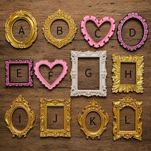 May include: A collection of twelve decorative picture frames labeled A through L, featuring various shapes including oval, rectangular, and heart-shaped designs in gold, white, and pink finishes with intricate embossed detailing on the borders.