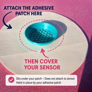 May include: A teal circular sensor cover with a honeycomb pattern, placed on a round adhesive patch. Text reads: ATTACH THE ADHESIVE PATCH HERE, THEN COVER YOUR SENSOR, and Sits under your patch • Does not attach to sensor Held in place by your adhesive patch.