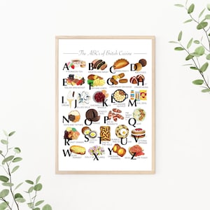 ABC de la cocina británica Cocinar alimentos de Gran Bretaña / Decor Kitchen Art Print / Ilustración de marcador original / A4 8x10 Descarga digital