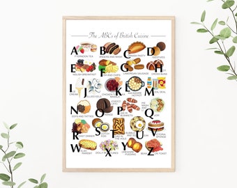 ABC de la cuisine britannique Cuisiner des aliments de Grande-Bretagne | Impression d'art de décor de cuisine | Illustration de marqueur originale | Téléchargement numérique A4 8 x 10