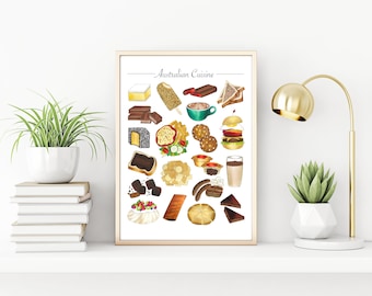 Australian Foods Poster | Australia Travel Print | Aussie Cuisine | Kitchen Wall Art | Lamingtons Fairy Bread Coffee BBQ | Digital Download