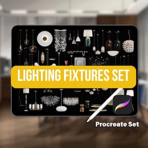 Op de afbeelding: Een digitale illustratie van diverse verlichtingsarmaturen, waaronder hanglampen, kroonluchters en lampen, weergegeven op een tablet. De tekst "LIGHTING FIXTURES SET" staat in een gele banner. Een stylus en het Procreate app-icoon zijn ook zichtbaar.