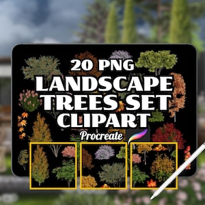 May include: A digital art image on a black tablet displays a collection of 20 PNG landscape trees. The text reads "20 PNG LANDSCAPE TREES SET CLIPART Procreate". The trees are in various colours and styles, with a stylus resting on the tablet.