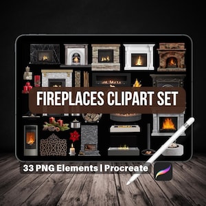 May include: A digital display showcases a "FIREPLACES CLIPART SET" with 33 PNG elements. The set features various fireplace designs, including stone, marble, and modern styles, with burning flames. A stylus rests on the wooden surface.