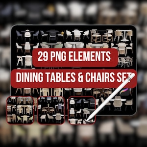 May include: A digital display showcases a collection of dining tables and chairs. The text "29 PNG ELEMENTS" and "DINING TABLES & CHAIRS SET" are displayed in red rectangles. A white stylus points towards the image, highlighting the product set.
