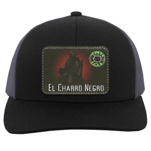 May include: Black and gray trucker hat with a black and white patch featuring a figure on horseback with the text "El Charro Negro" and a logo that says "Ganja Gear".