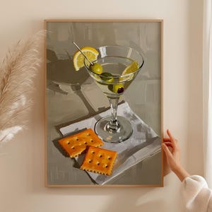 Quirky Martini and Cheese Print | Whimsical Cocktail Art | Vintage Oil Painting Style | Bar Cart Decor | Gourmet Still Life Wall Art