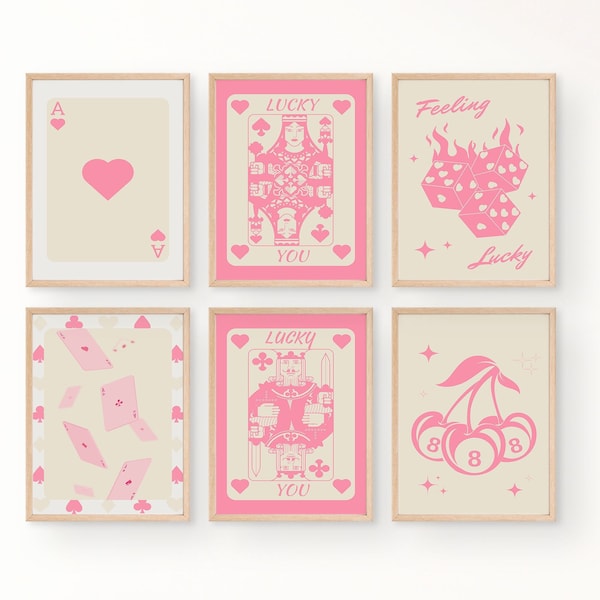 Blush Pink Casino Gallery Wall Art Set of 6 - Trendy Retro Prints for a Lucky Poster,college birthdaygift