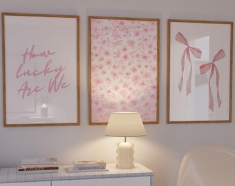 How Lucky Are We Print,Pink Floral Bow Wall Art Set of 3,Aesthetic Trendy Coastal Dorm College Apartment Chinoiserie Prints, Grandmillennial