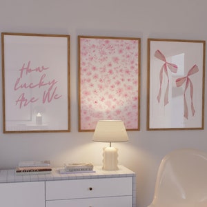 How Lucky Are We Print,Pink Floral Bow Wall Art Set of 3,Aesthetic Trendy Coastal Dorm College Apartment Chinoiserie Prints, Grandmillennial