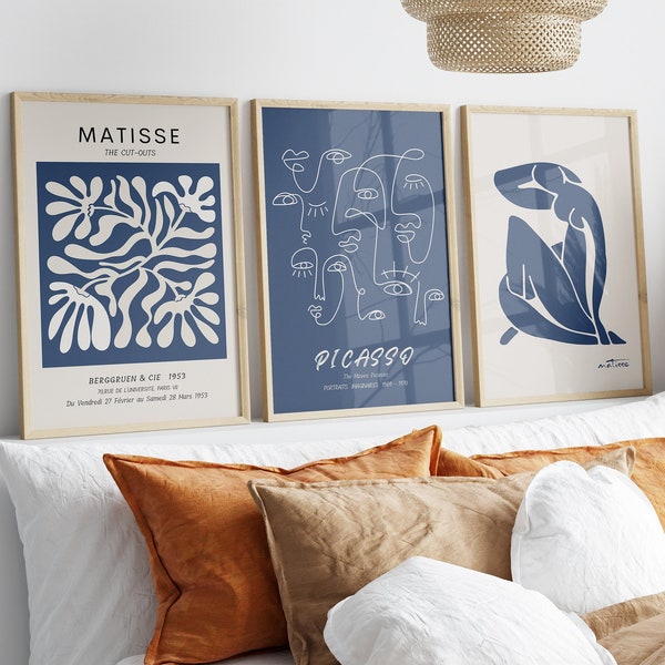 Navy Blue Print Matisse Print Set, Picasso Poster Set, Gallery Wall Set van 3 Henri Matisse Tentoonstelling Poster DIGITALE DOWNLOAD Blue Abstract