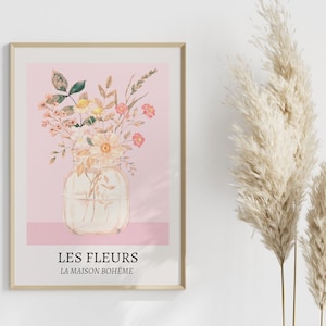 Impresión de Les Fleurs, arte mural francés, impresión abstracta de flores rosas, decoración danesa en tonos pastel, póster botánico, arte mural imprimible, DESCARGA DIGITAL