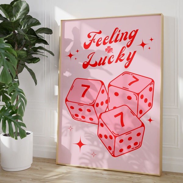 Feeling Lucky Dice Print,Seven Dice Pink Red Poster,Casino Gallery Wall Art,Trendy Downtown Girl College Apartment Decor,Coquette Room Decor