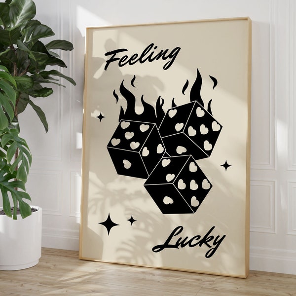 lucky seven dice lucky you poster retro wall art trendy downtown girl college apartment decor, neutral wall art bar cart prints funky decor