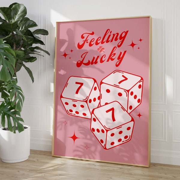 Feeling Lucky  Wall Print, Lucky Pink Red  Poster, Retro Wall Decor, Large Printable Art, Trendy Decor, Downloadable Prints,Playing Card Art