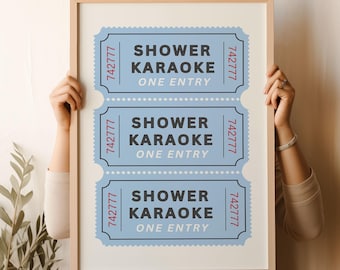 Shower Karaoke Ticket Print, Bathroom Decor Blue Cream Aesthetic, Shower Singing Poster, Retro Preppy Bathroom Art, Coastal Beachy Wall Art
