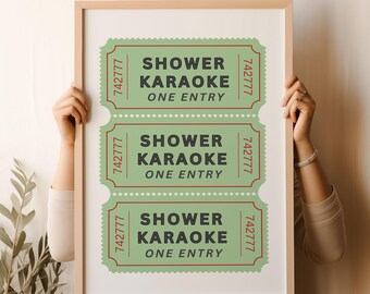 Shower Karaoke Ticket Print Green Bathroom Retro Cream Aesthetic Shower Singing Funny Wall Art Vintage Trendy Home Decor Printable Poster