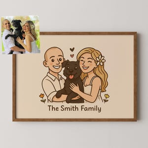Familie Portrait Illustration mit Haustieren, niedliche benutzerdefinierte Cartoon Zeichnung, Geschenk für Mutter, personalisiertes Geschenk, Paar Porträt, Porträt vom Foto