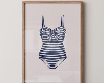 Arte de casa de lago com maiôs pintados de azul e branco, arte de parede azul-marinho Hale, decoração de lavanderia, arte para impressão de casa costeira, decoração praiana