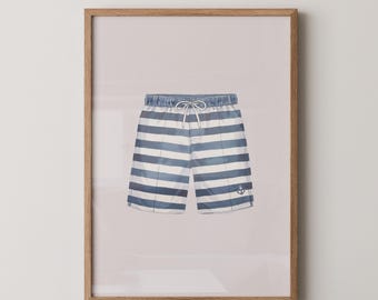Vintage Watercolor Men's Swim Shorts Printable, Navy Swim Trunks Wall Art, Coastal Bathroom Decor, Beach House Summer Illustration