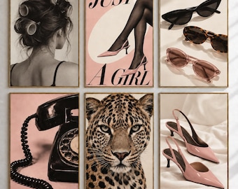 May include: A six-panel wall art set featuring a person with hair rollers, a poster with legs and the text JUST A GIRL, three pairs of sunglasses, a black rotary telephone, a leopard face, and a pair of light pink slingback heels.