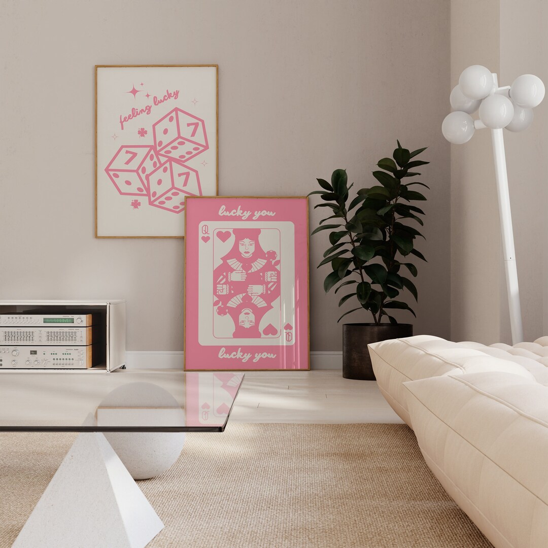 Set of 2 Pink Digital Lucky Wall Art Poster, Printable Lucky Wall Decor