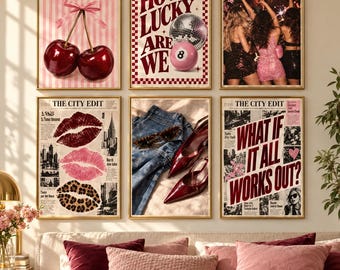 Retro Y2K Wall Art Set of 6, Pink Burgundy Gallery Wall, Cherry Leopard Disco Ball Prints, Dorm Decor, Printable Digital Download