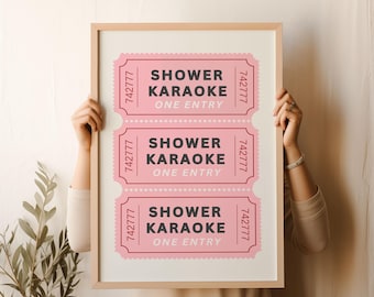 Shower Karaoke Ticket Print Bathroom Retro Pink Cream Aesthetic Shower Singing Funny Wall Art Vintage Trendy Home Decor Digital Download