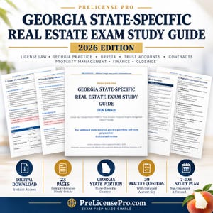 May include: A Georgia State-Specific Real Estate Exam Study Guide 2026 Edition, featuring a central manual surrounded by pages on finance, closing procedures, and practice questions. Includes icons for digital download, 23 pages, and a 7-day study plan.