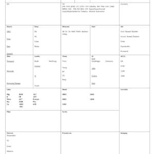 May include: A medical chart with headings for patient information, including name, date of birth, medical record number, diagnosis, allergies, and medical history. The chart also includes sections for vital signs, medications, procedures, and imaging.