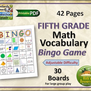 5th Grade Math Vocabulary Bingo Game - 30 Boards, Adjustable Difficulty, Printable PDF | Perfect for Exam Prep and Group Activities