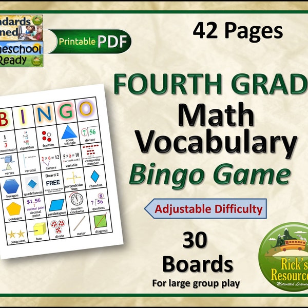 4th Grade Math Vocabulary Bingo Game - 30 Boards, Adjustable Difficulty, Printable PDF | Perfect for Exam Prep and Group Activities