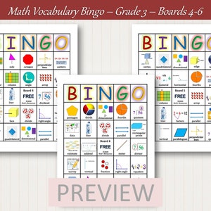 3rd Grade Math Vocabulary Bingo Game - 30 Boards, Adjustable Difficulty ...