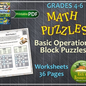 May include: A printable PDF worksheet for grades 4-6 with 36 pages of maths puzzles. The worksheet features a monkey illustration and a riddle: "What month do monkeys like the best?" The worksheet is titled "Basic Operations Block Puzzles".