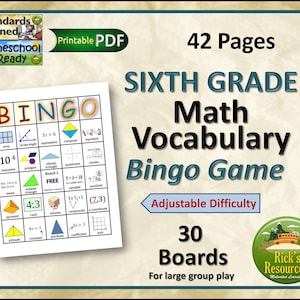 6th Grade Math Vocabulary Bingo Game - 30 Boards, Adjustable Difficulty, Printable PDF | Perfect for Exam Prep and Group Activities