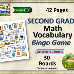2nd Grade Math Vocabulary Bingo Game - 30 Boards, Adjustable Difficulty, Printable PDF | Perfect for Exam Prep and Group Activities