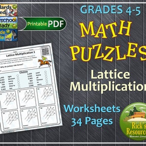 Peut inclure: Une feuille de travail PDF imprimable pour les classes de 4e et 5e année avec des puzzles mathématiques sur la multiplication en treillis. La feuille de travail comprend 34 pages de problèmes pratiques et une devinette. Le titre "Grades 4-5 Math Puzzles Lattice Multiplication Worksheets 34 Pages" est affiché en haut de la page. La feuille de travail est conçue par Rick's Resources, une entreprise qui fournit des ressources éducatives pour un apprentissage motivé.