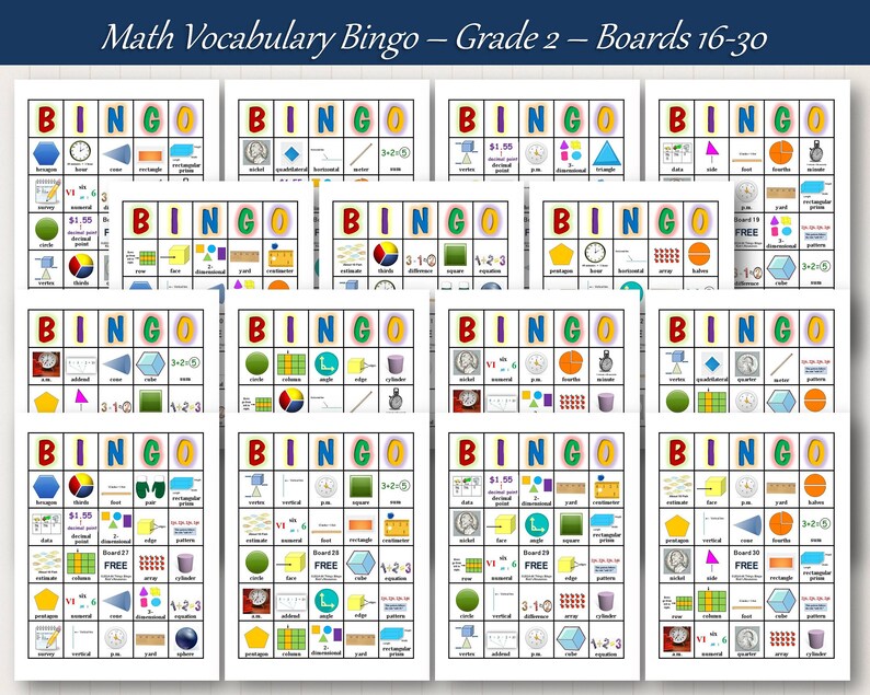 2nd Grade Math Vocabulary Bingo Game - 30 Boards, Adjustable Difficulty ...