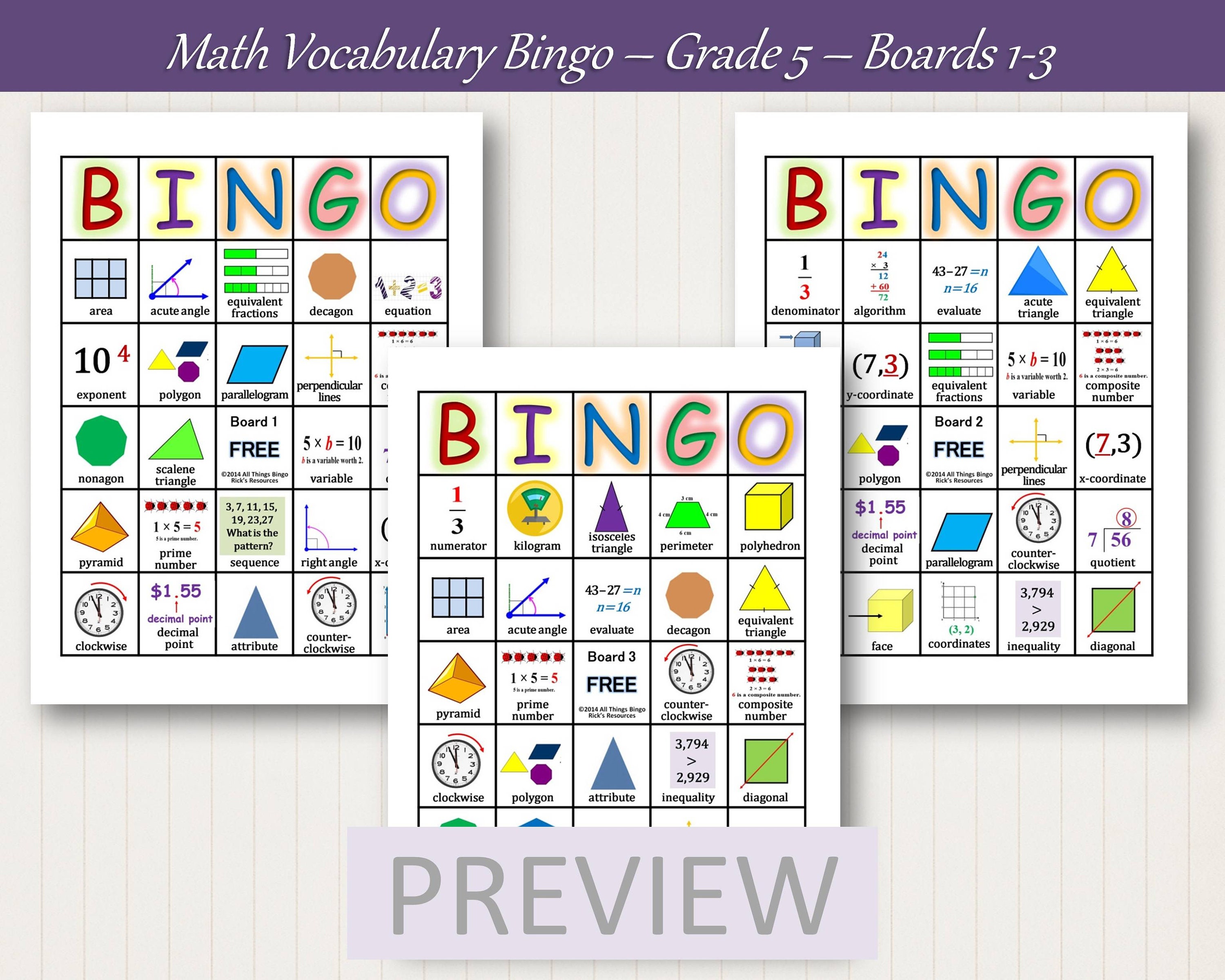 5th Grade Math Vocabulary Bingo Game - 30 Boards, Adjustable Difficulty ...